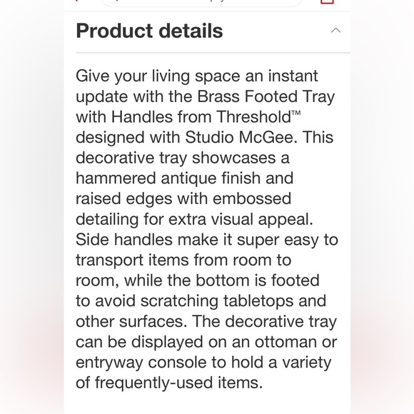 STUDIO MCGEE NWT brass footed tray with handles -16.75” - Picture 6 of 7